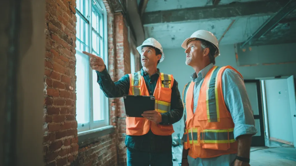 Arquitecto y aparejador conversando en una obra de reforma interior