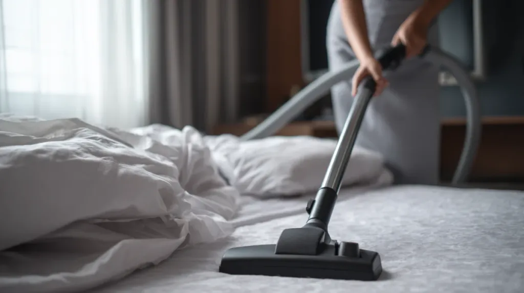 Aspiradora con boquilla para textiles pasando sobre un colchón en un dormitorio