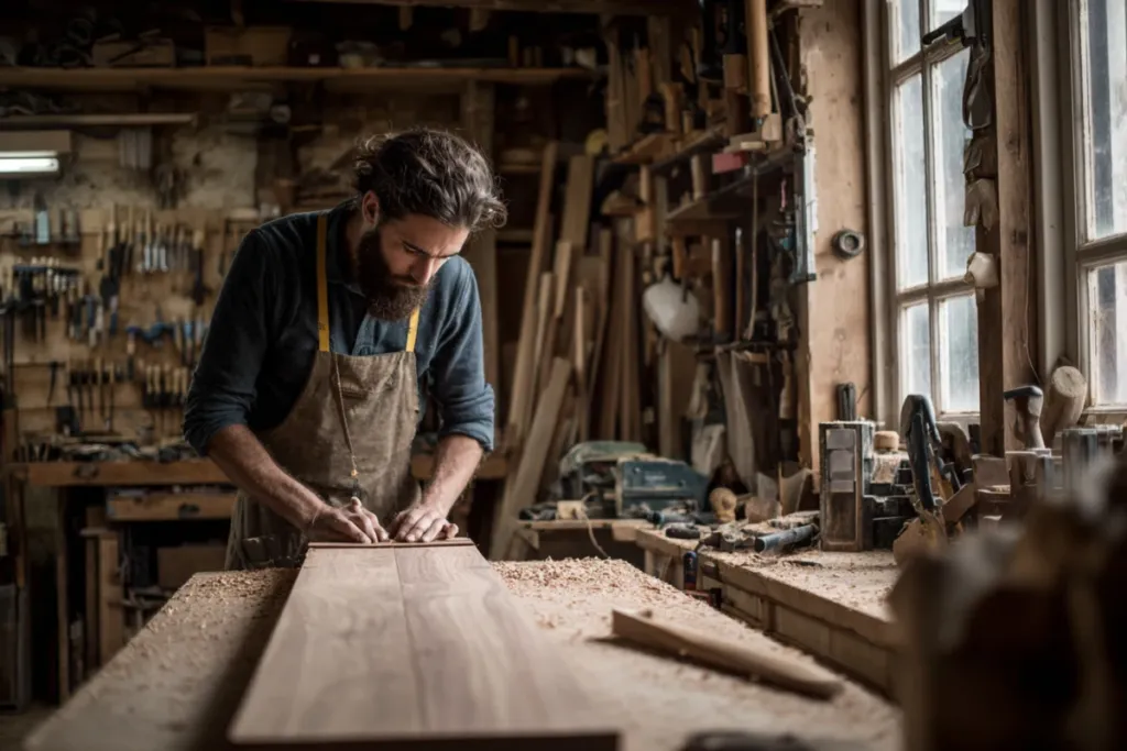Carpintero trabajando en su taller con herramientas de madera