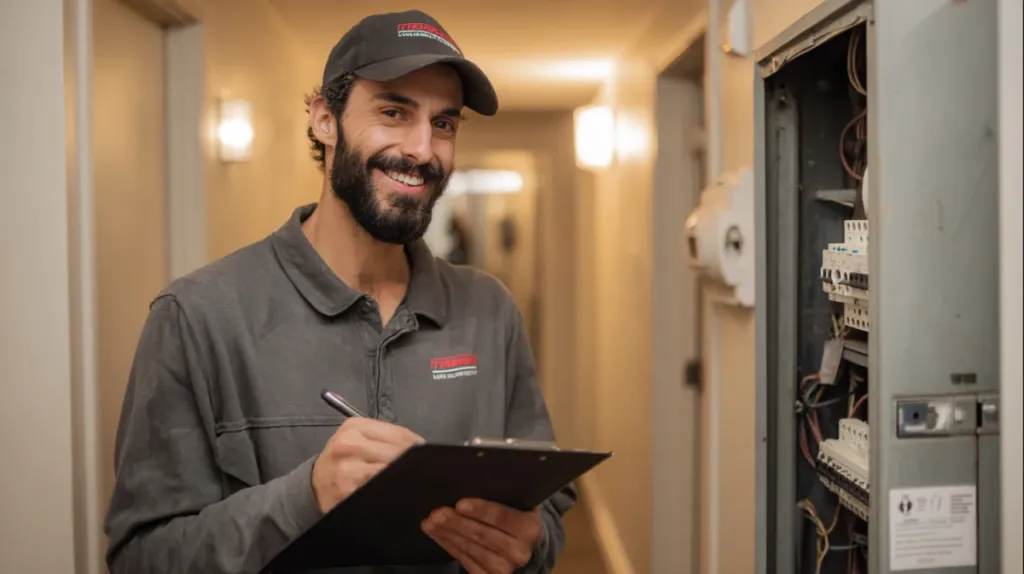Técnico mostrando documentación de certificado de instalación junto a un cuadro eléctrico