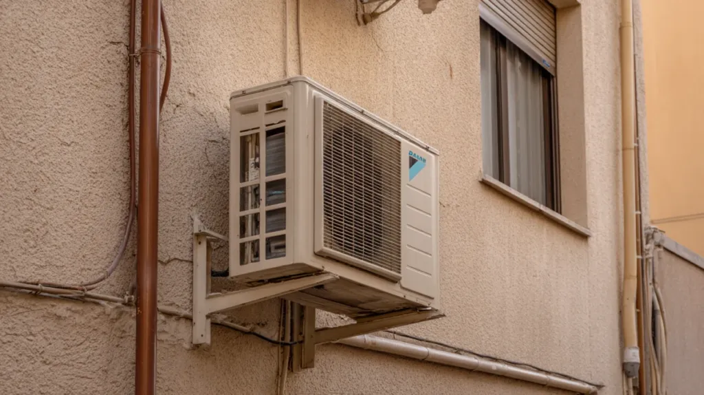 Unidad exterior de aire acondicionado montada en la fachada de un edificio de pisos