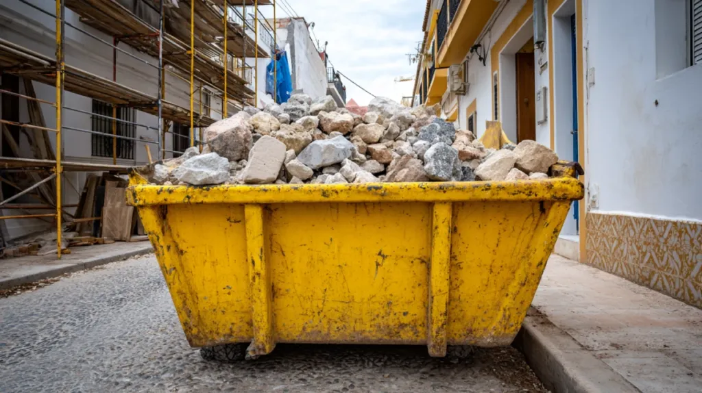 Contenedor de escombros junto a una obra de reforma residencial
