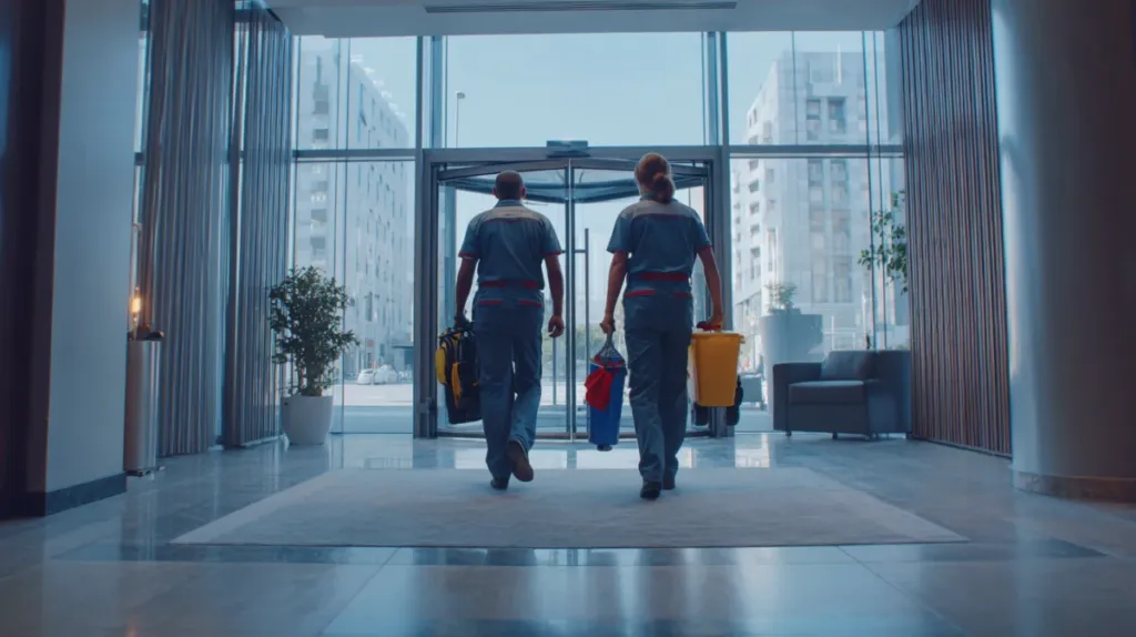 Equipo de limpieza profesional con uniforme y equipamiento en una oficina