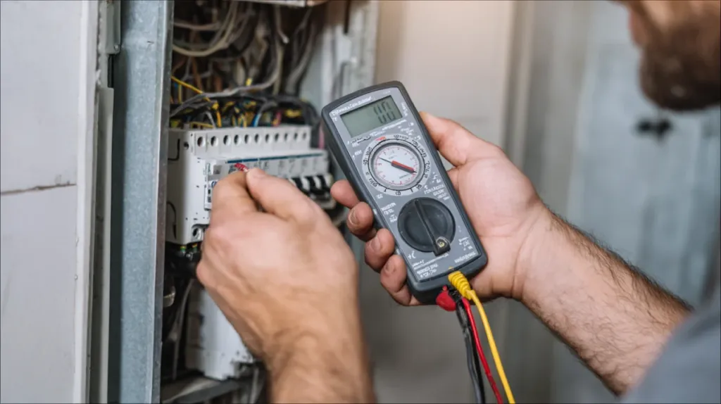 Electricista usando una pinza amperimétrica para diagnosticar una avería