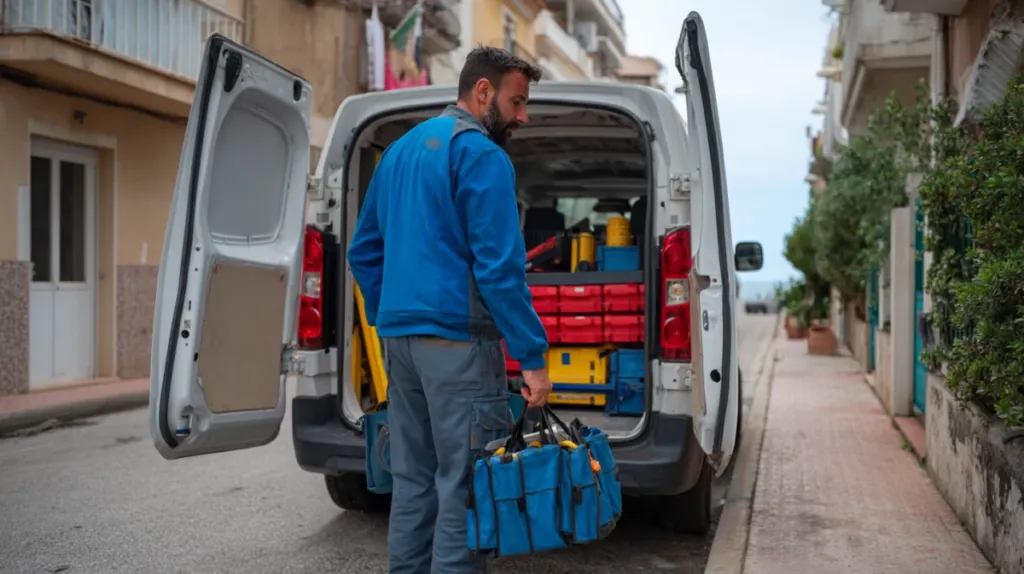 Electricista sacando herramientas de su furgoneta de trabajo en una calle residencial