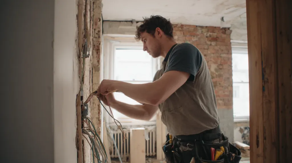 Electricista residencial tendiendo cableado durante una reforma de vivienda