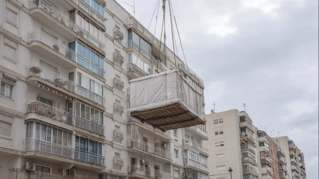 Elevador exterior de mudanzas levantando un mueble hasta una ventana alta de un edificio