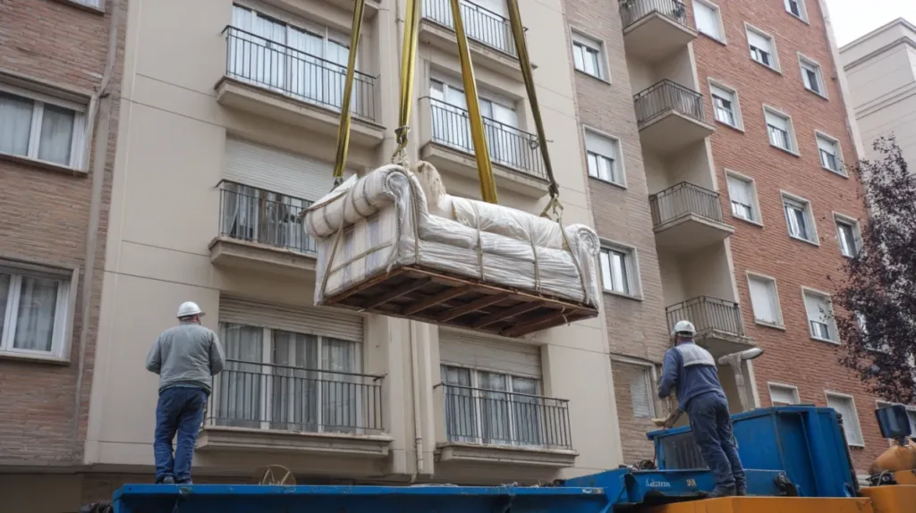 Elevador exterior subiendo un sofá por la fachada de un edificio