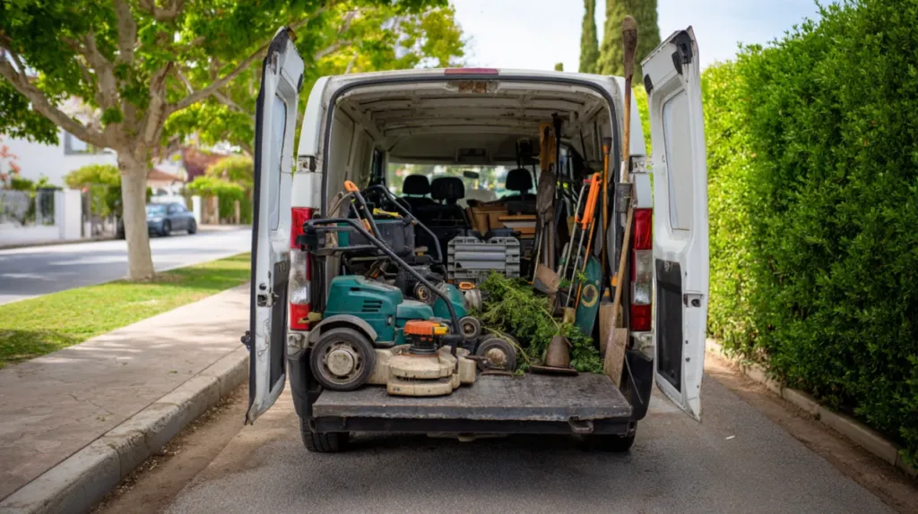 Equipo profesional de jardinería con cortacésped, desbrozadora y herramientas de poda