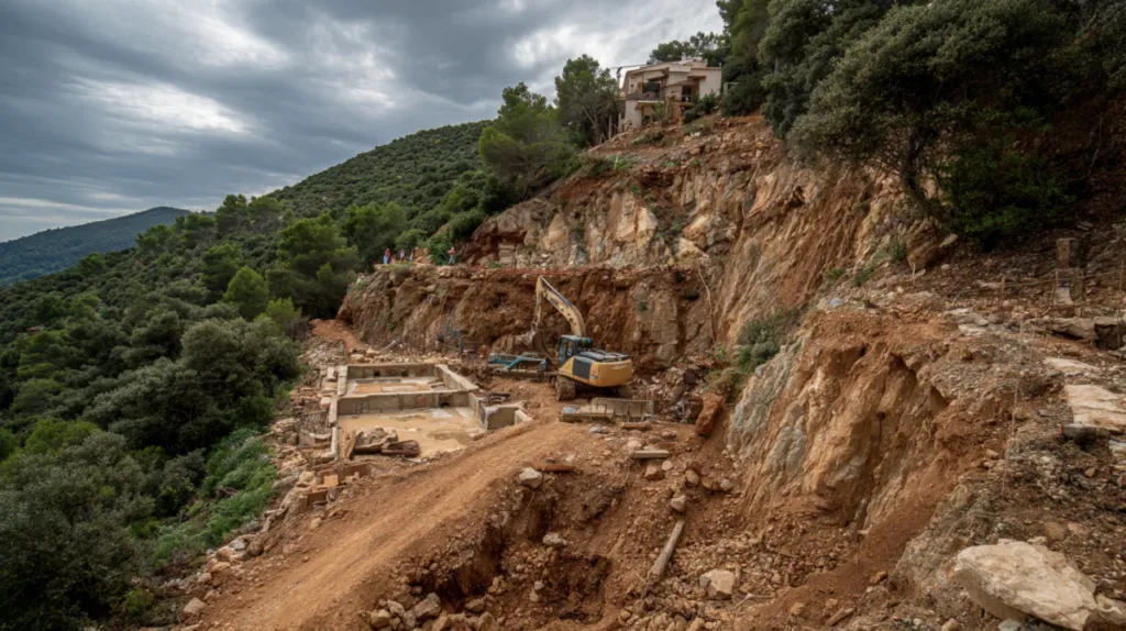 Parcela en pendiente con excavación para cimentación de vivienda