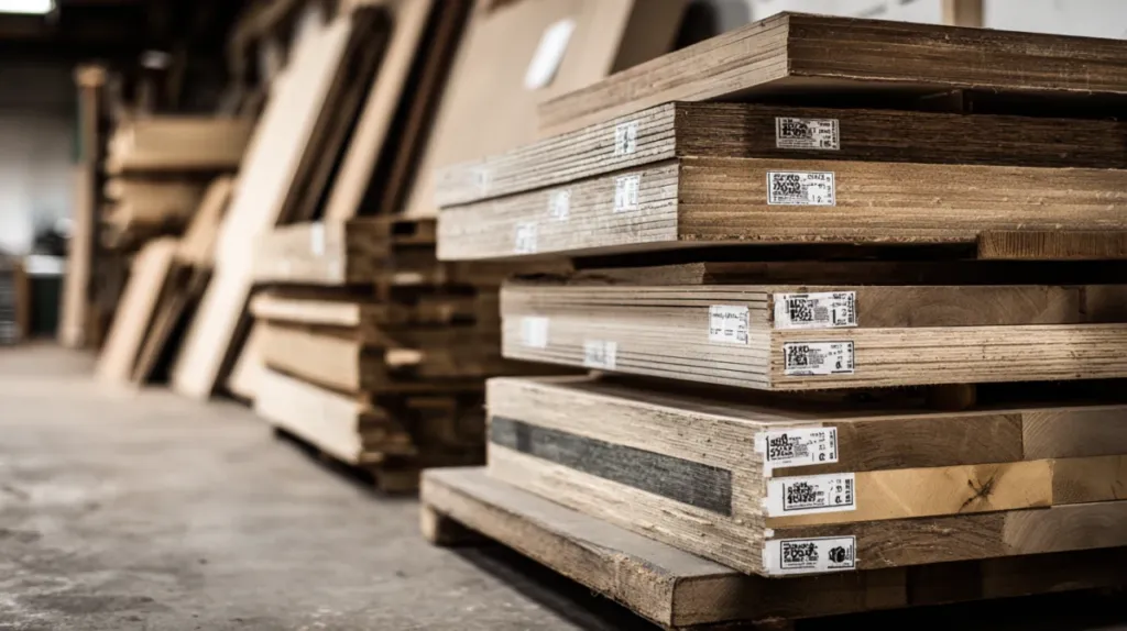 Tableros de madera de distintos tipos apilados en un taller de carpintería