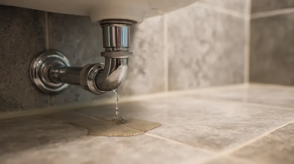Fuga de agua visible en una tubería bajo un lavabo de baño