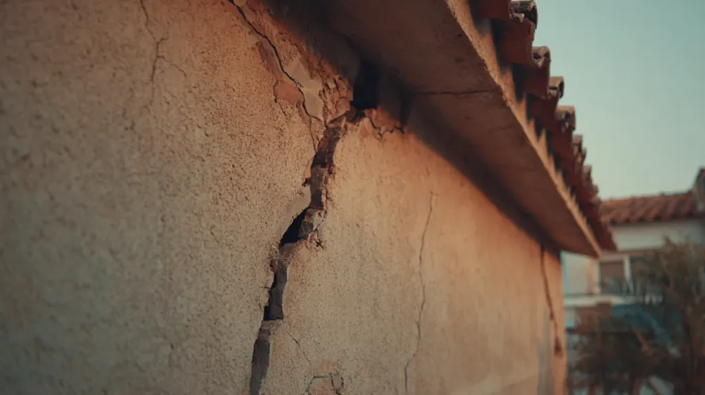 Grieta diagonal visible en la fachada de un edificio residencial