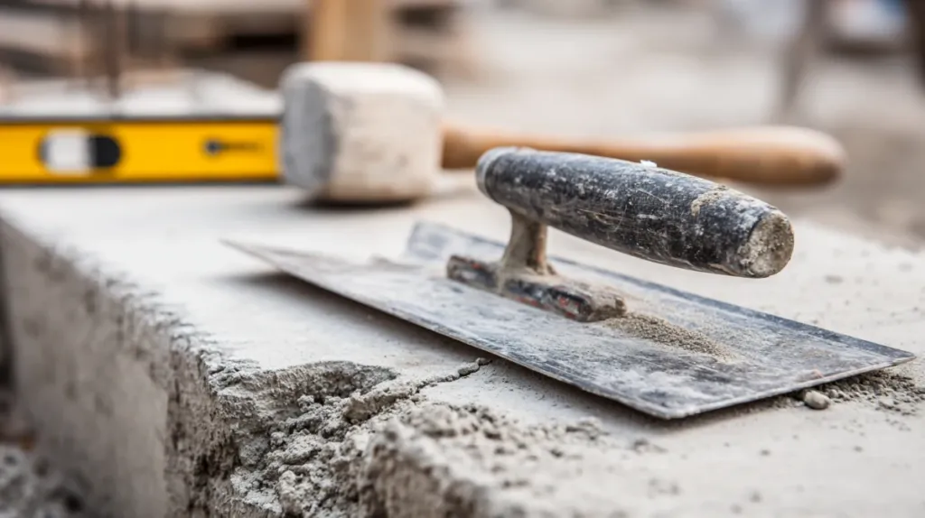 Herramientas de albañilería: paleta, nivel de burbuja y maceta sobre superficie de obra