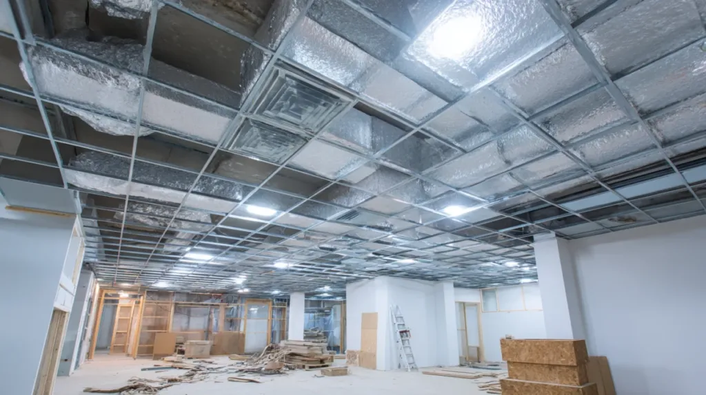 Sistema de conductos de aire acondicionado instalado sobre un falso techo abierto durante una reforma