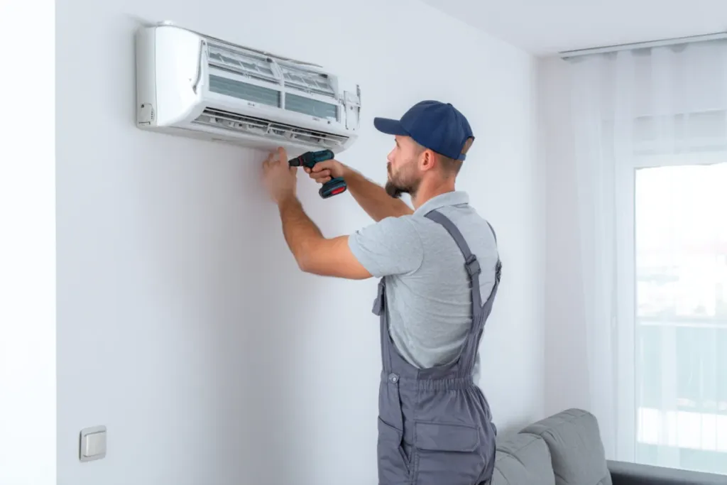 Técnico instalando una unidad interior de aire acondicionado split en la pared de un salón