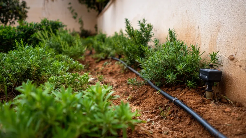 Sistema de riego por goteo instalado entre plantas de jardín