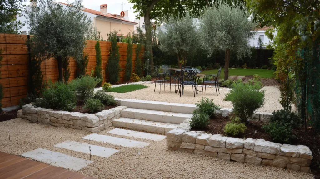 Jardín recién diseñado con plantación escalonada y zona de estar