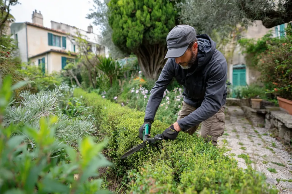 Jardinero podando un seto en un jardín residencial