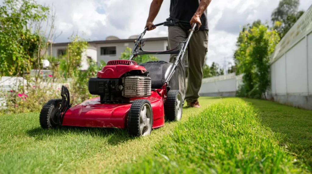 Jardinero cortando césped en un jardín pequeño residencial