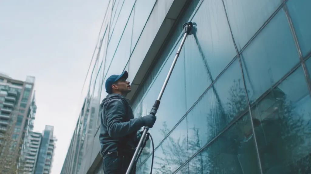 Limpiador profesional con pértiga limpiando cristales exteriores de un edificio
