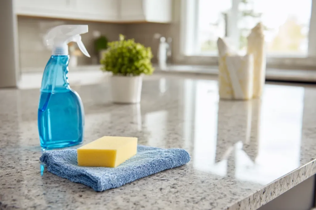 Productos de limpieza del hogar junto a diferentes superficies de cocina y baño