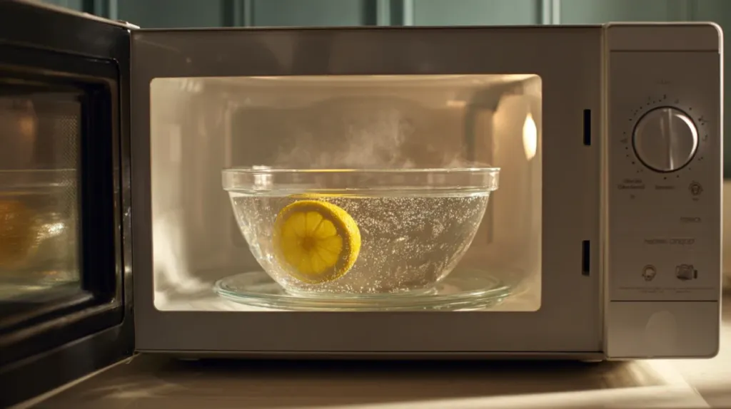 Interior de un microondas abierto con un bol de agua y limón para limpieza con vapor