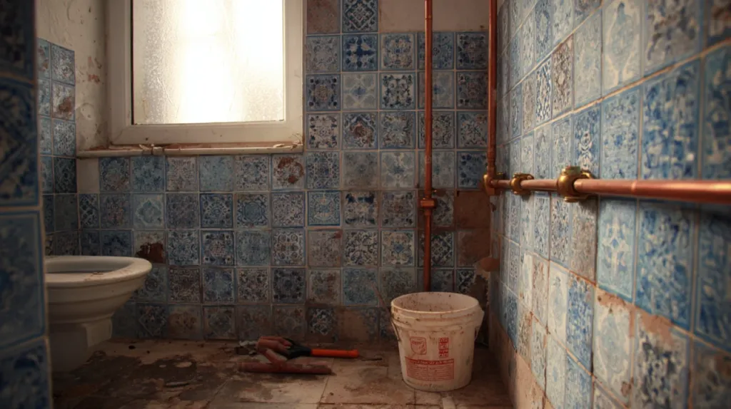 Baño en proceso de reforma con azulejos parcialmente retirados