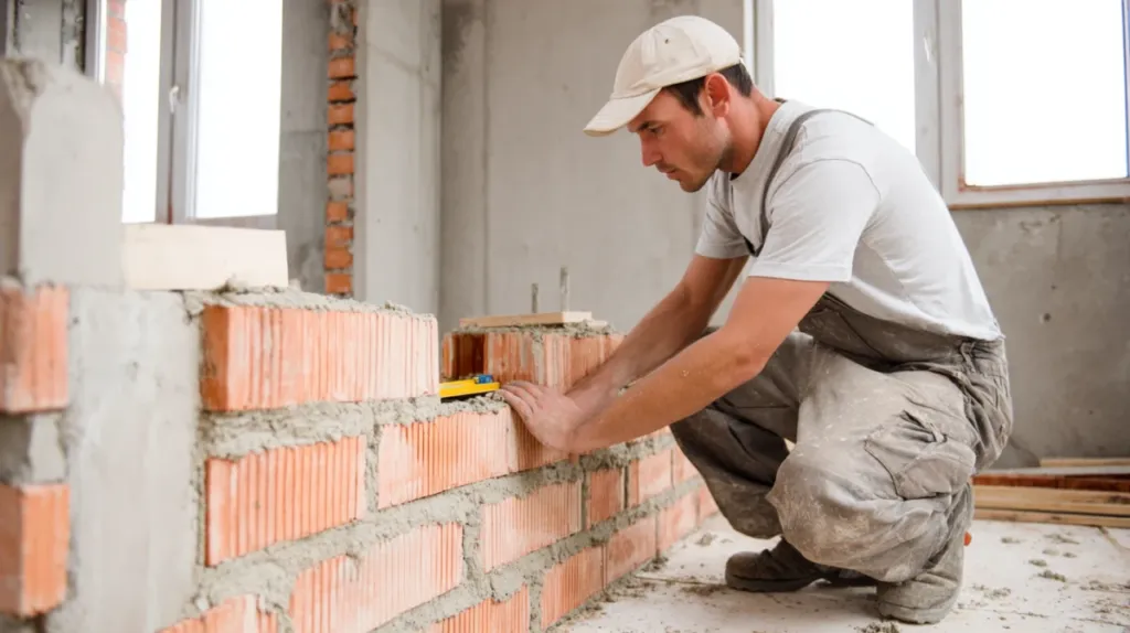Oficial de primera levantando un tabique de ladrillo