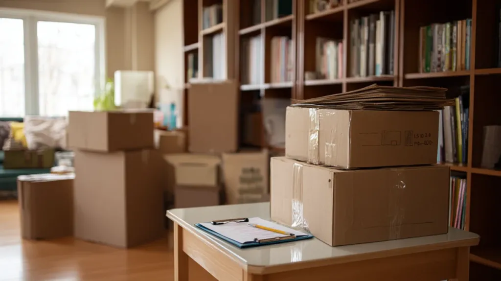 Habitación con cajas etiquetadas y lista de inventario sobre una mesa