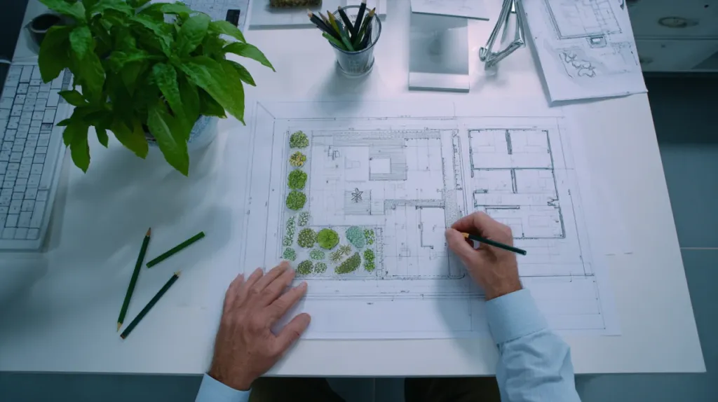Paisajista revisando un plano de diseño de jardín sobre una mesa