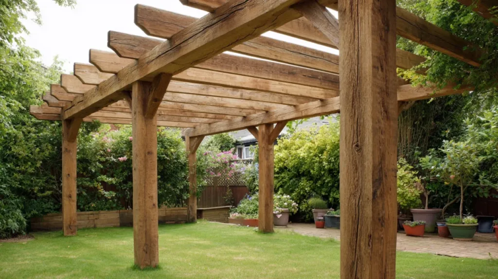 Pérgola de madera tratada en un jardín residencial