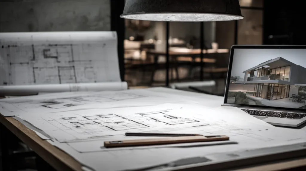 Planos de proyecto de ejecución sobre mesa de trabajo de arquitecto