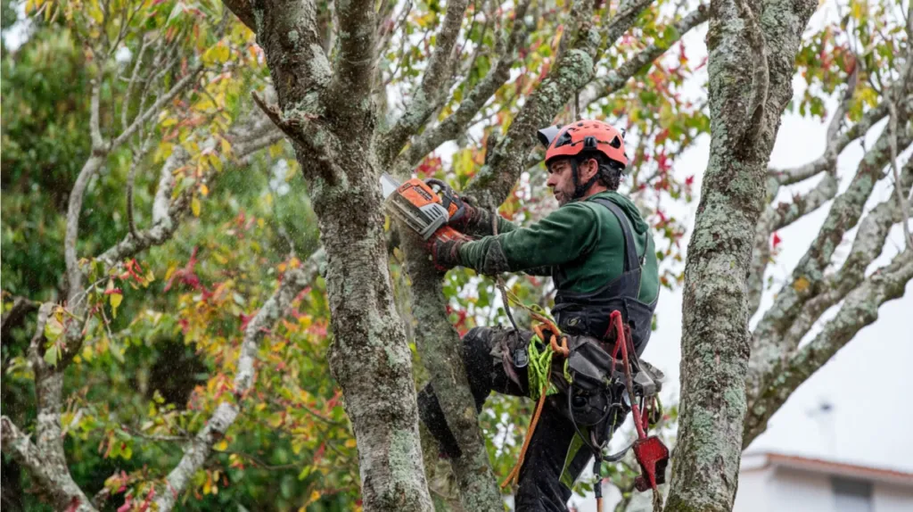 Podador profesional trabajando en un árbol alto con equipo de seguridad