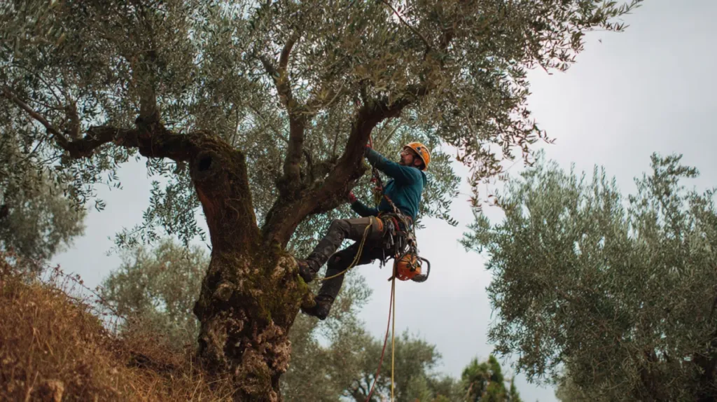 Jardinero cualificado realizando poda estructural en un árbol con arnés de seguridad