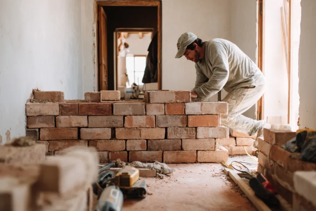 Albañil trabajando en una obra de reforma en España