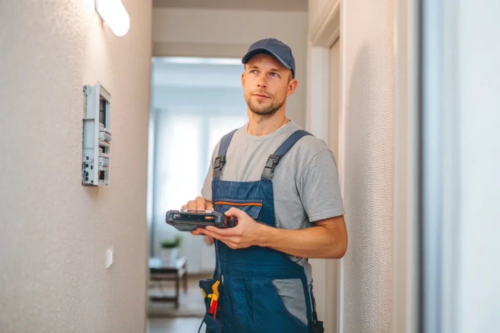 Electricista trabajando en un cuadro eléctrico doméstico