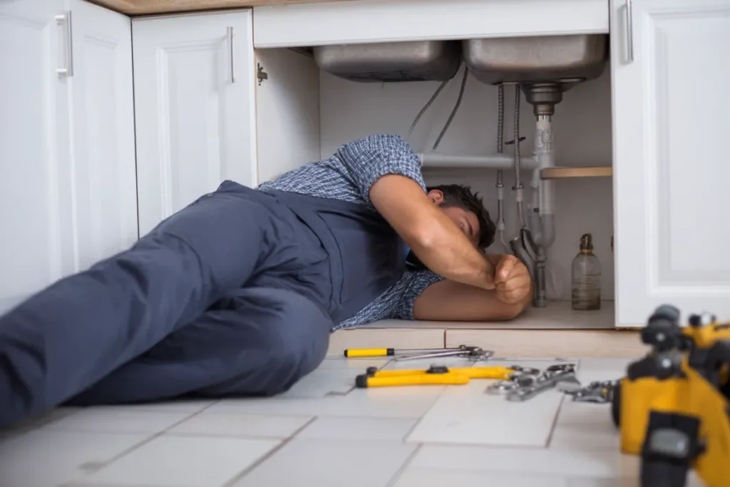 Fontanero trabajando bajo un fregadero de cocina