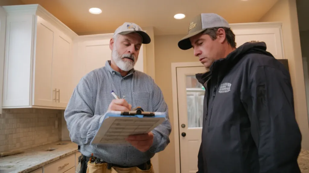 Carpintero revisando un presupuesto detallado con un cliente