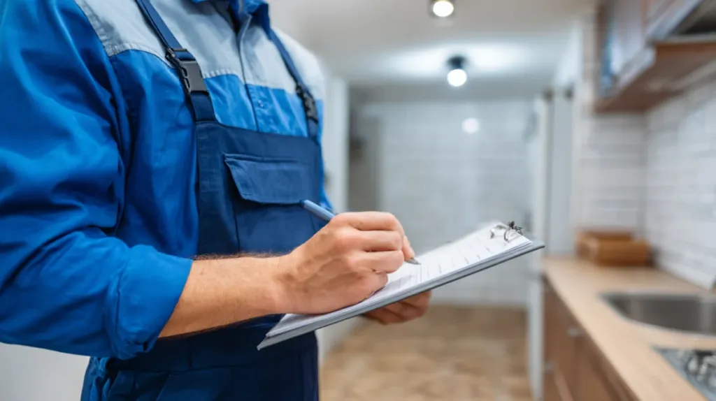 Fontanero mostrando un presupuesto desglosado a un cliente en su cocina