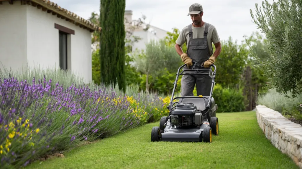 Jardinero profesional segando césped en un jardín residencial español