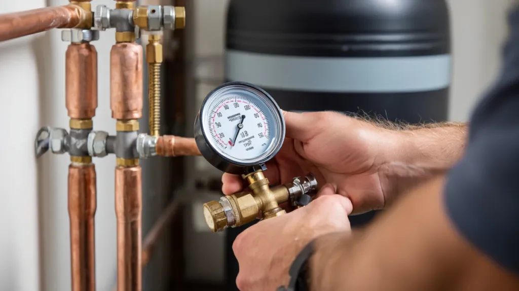 Manómetro conectado a tuberías de cobre durante una prueba de presión con nitrógeno