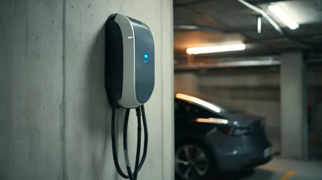 Punto de recarga para vehículo eléctrico instalado en un garaje