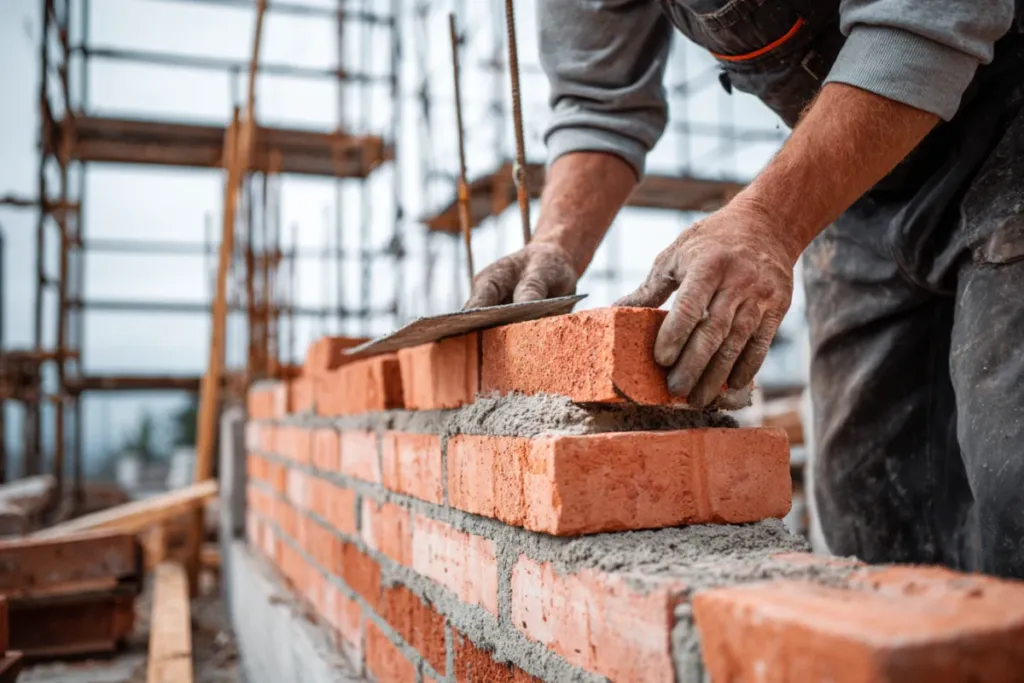 Albañil colocando ladrillos en un muro con paleta y mortero