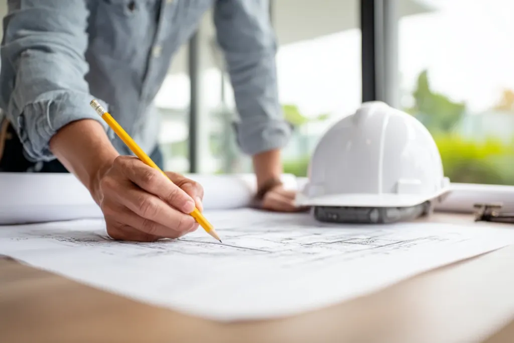 Arquitecto revisando planos de obra en una mesa de trabajo