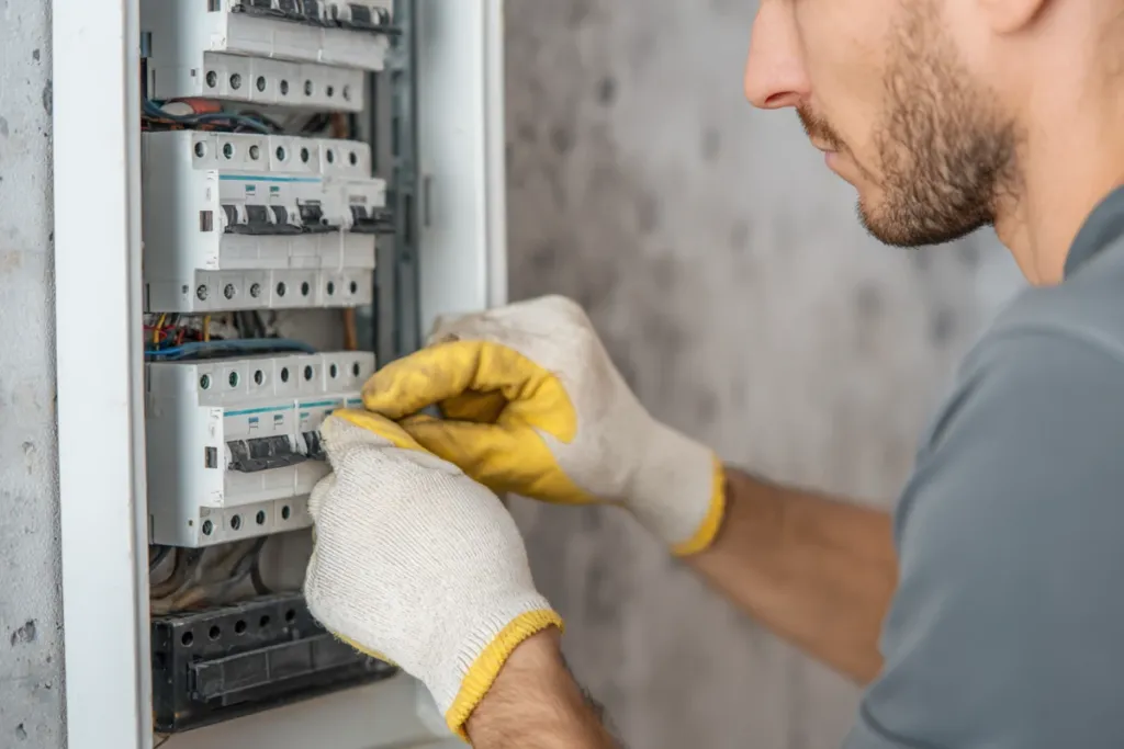 Electricista profesional trabajando en un cuadro eléctrico doméstico