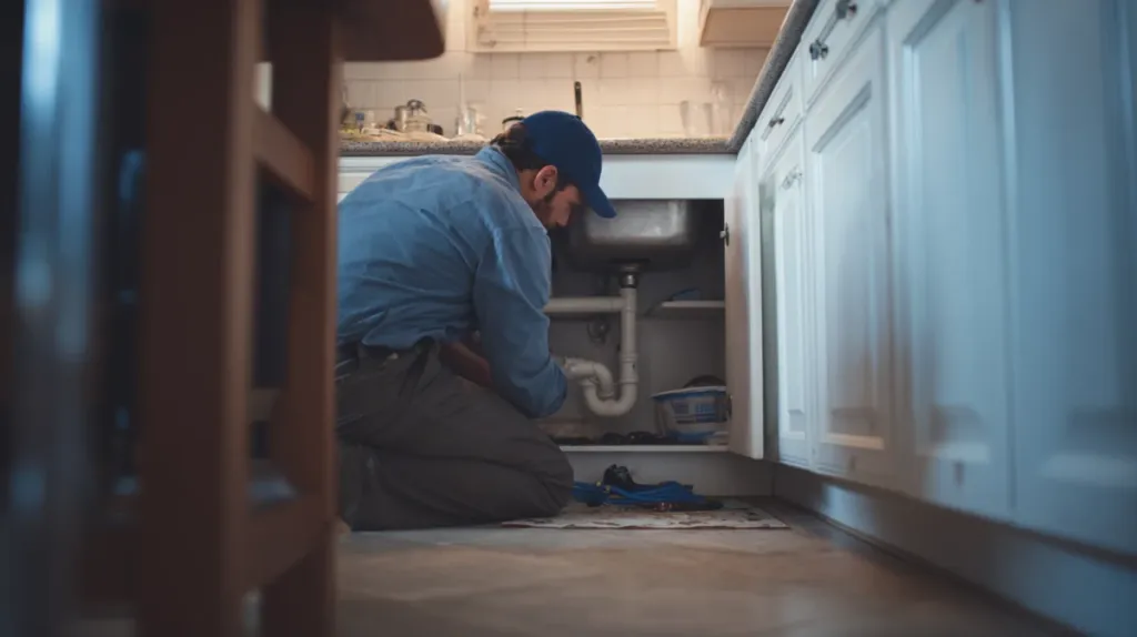 Fontanero profesional trabajando bajo un fregadero con herramientas