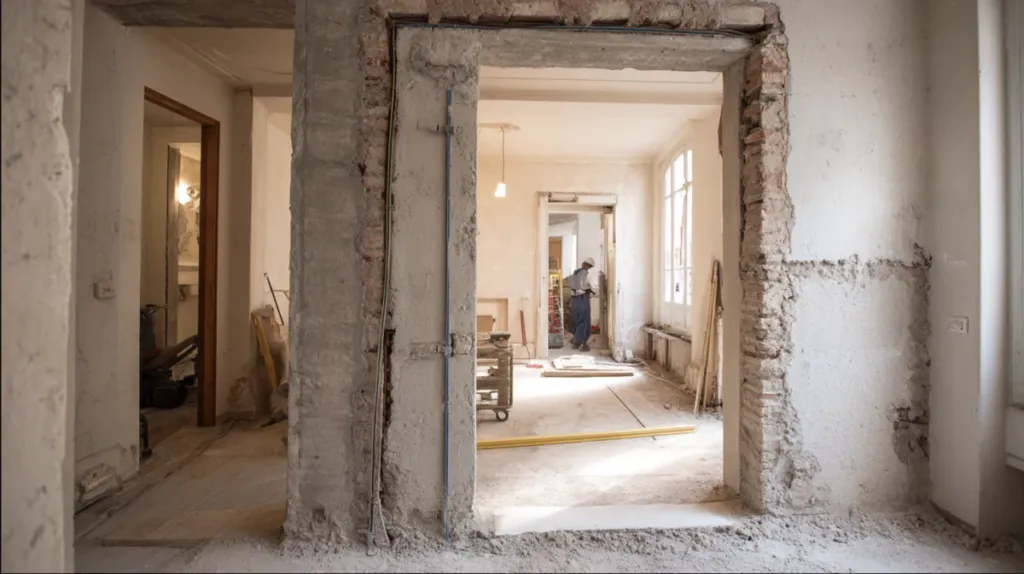 Interior de vivienda en reforma integral con instalaciones vistas y tabiques demolidos