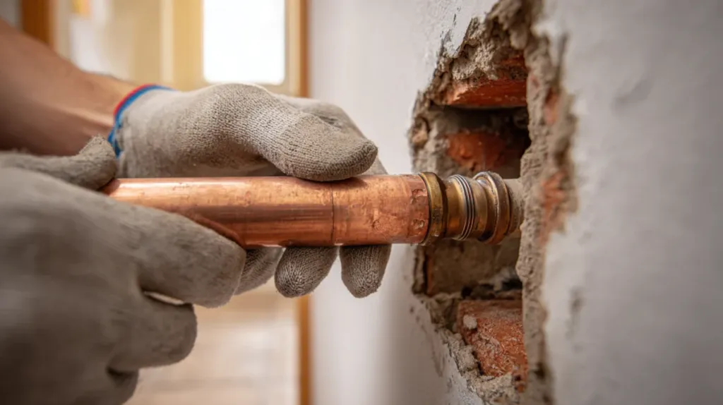 Manos de fontanero soldando una tubería de cobre en una pared abierta