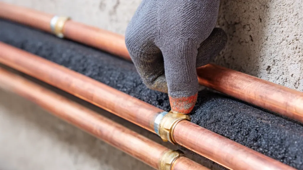 Tuberías de cobre aisladas con coquilla negra durante una instalación de aire acondicionado